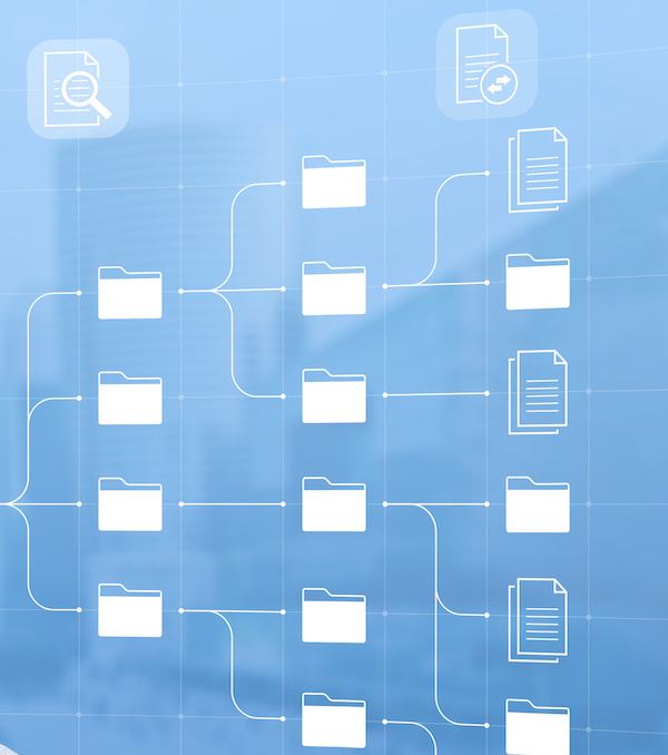 Document Management System (DMS) used to archive, search and manage corporate files and information in enterprise along business processes. Concept with manager looking at screen